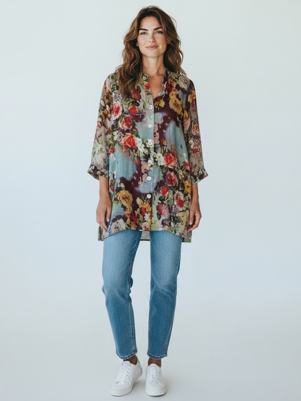 SOFT SURROUNDINGS Art to Wear Floral Button Up Tunic Shirt